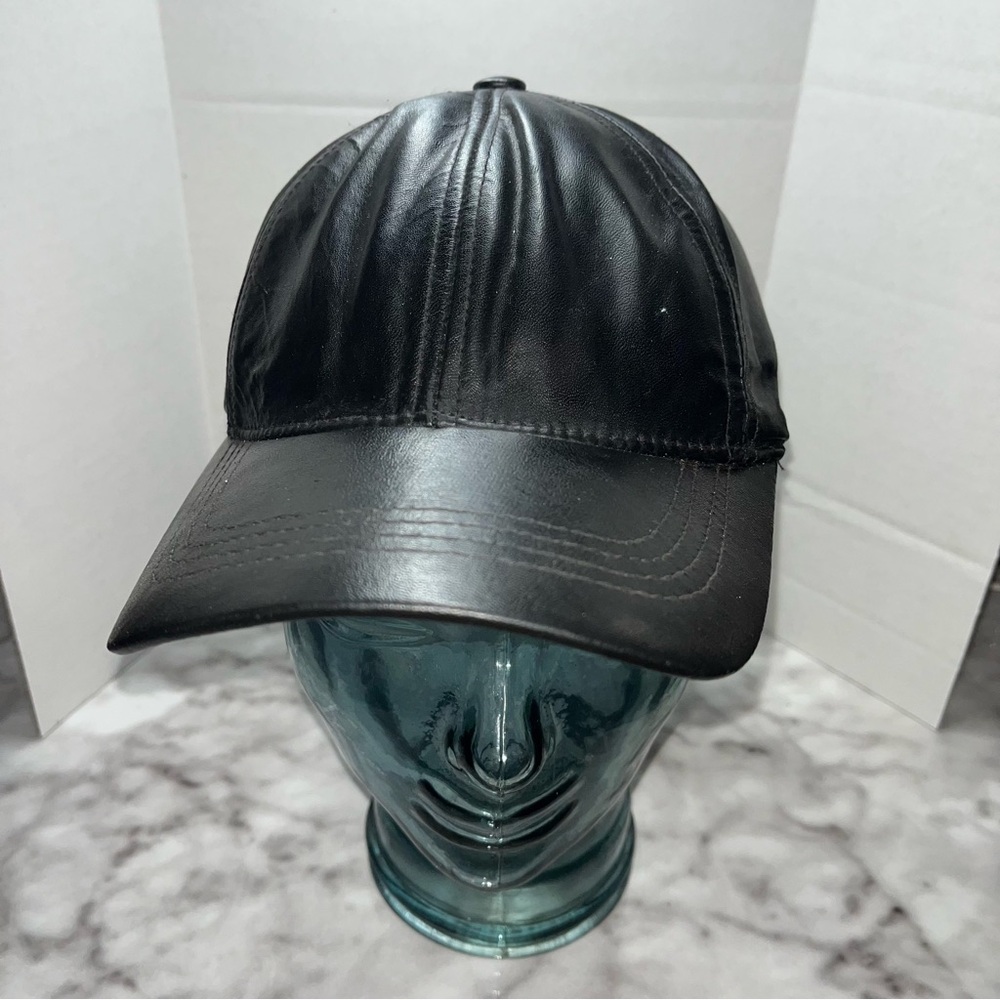 Vintage Genuine Leather black baseball cap hat adjustable osfm USA
